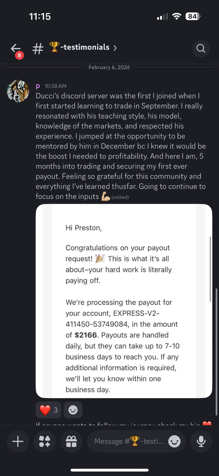 Preston — Feb 2026 · First ever payout